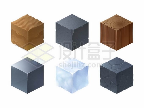 沙子水泥木头钢铁冰块泥土等6种材质的方块立方体3622600矢量图片免抠素材