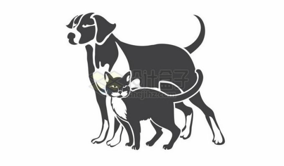黑白色的猫咪和狗狗猫狗一家亲插画4062389矢量图片免抠素材