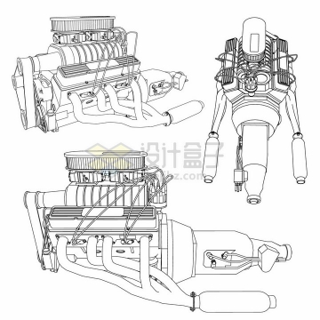 3款汽车发动机引擎手绘线条设计草图png图片素材