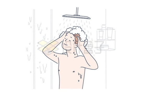 卡通男人正在使用淋浴洗澡线条插画1385840矢量图片免抠素材