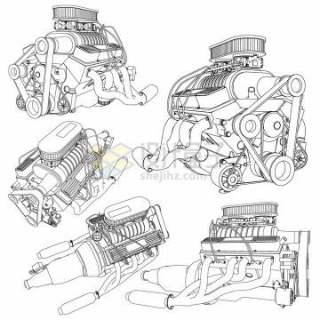 5款汽车发动机引擎结构手绘线条设计草图421265png图片素材