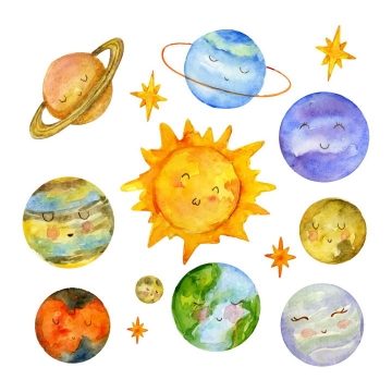 可爱水彩画风格卡通太阳系九大行星图片免抠素材