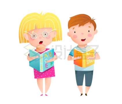 两个拿着书本大声朗读阅读的卡通小朋友8389470矢量图片免抠素材