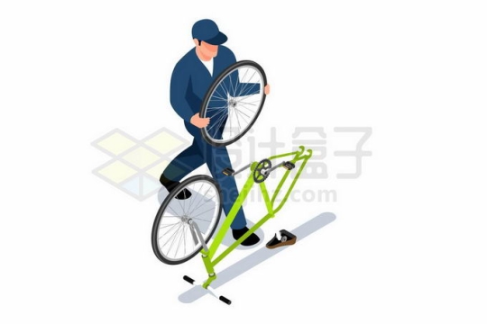 维修工人把自行车倒立起来检查维修中9796095矢量图片免抠素材