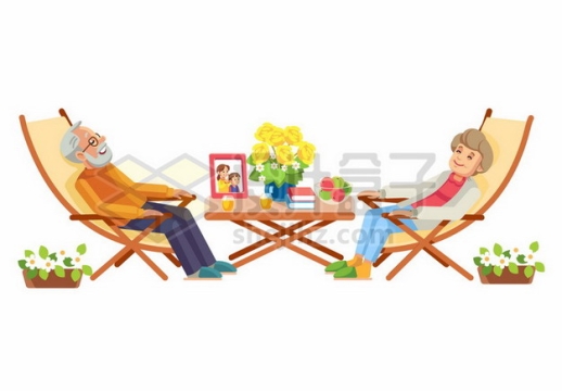 卡通爷爷奶奶躺在躺椅上休息享受退休老年养老幸福生活137663矢量图片免抠素材