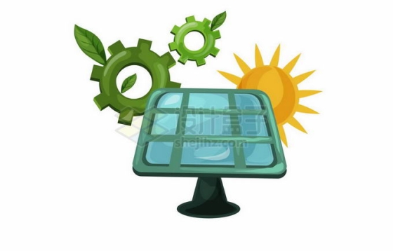 绿色的卡通太阳能发电板和齿轮象征了清洁能源保护环境7957927矢量图片免抠素材