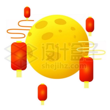 中秋节卡通黄色月亮和红色灯笼6592413图片素材下载