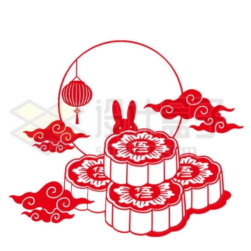 中秋节月饼月亮祥云和玉兔红色剪纸插画3937608图片素材下载