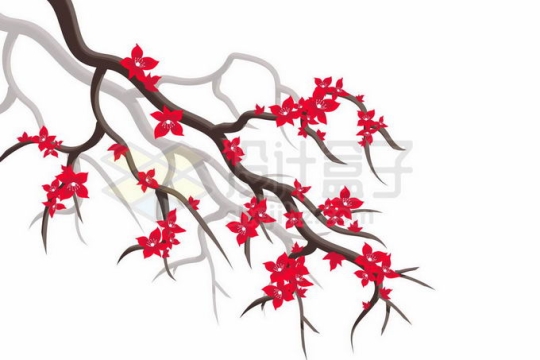 枯枝头上盛开的红色梅花鲜花4510987矢量图片免抠素材