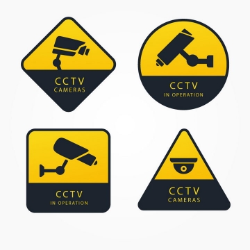 4款黄色黑色您已进入监控区域监视器摄像头提示牌警告标志警示标牌图片免抠矢量素材