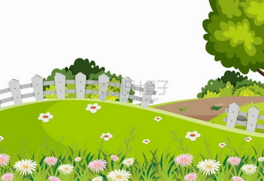 春天里乡村草地木栅栏和大树插画png图片免抠矢量素材