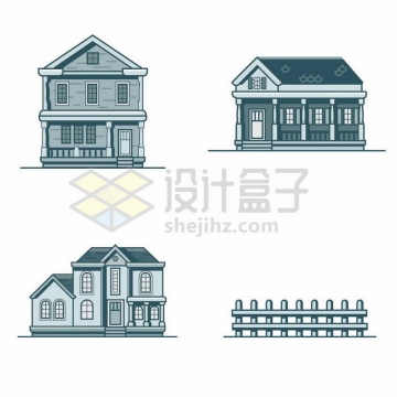 4款单色MBE风格的卡通别墅房子和栅栏8527469矢量图片免抠素材