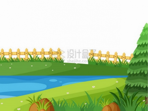 春天乡村里的绿草地池塘和木栅栏插画png图片免抠矢量素材