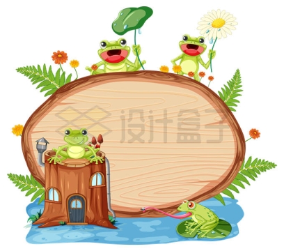 一群卡通小青蛙和木头木板文本框信息框3796477矢量图片免抠素材