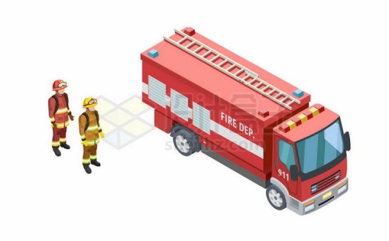2.5D风格红色消防车救火车和消防员1114018矢量图片免抠素材