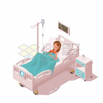 2.5D风格病床上躺着的卡通病人正在吊盐水1535220矢量图片免抠素材