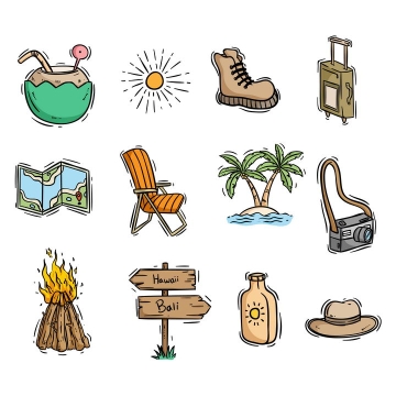 彩色手绘椰子汁太阳运动鞋行李箱沙滩椅篝火等热带海岛旅游简笔画图片免抠矢量素材