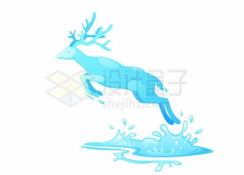 从一汪蓝色水花浪花中跳跃出来的抽象麋鹿效果2691136矢量图片免抠素材