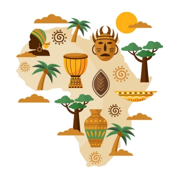 扁平插画风格非洲大陆地图和上面的风土人情图片免抠矢量素材