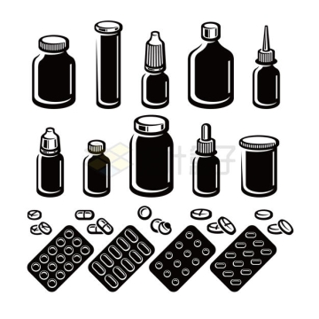 各种黑白色药品瓶子罐子和药片包装2355515矢量图片免抠素材