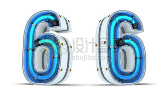 C4D风格蓝色霓虹灯管3D立体数字六6艺术字体416992psd/png图片素材