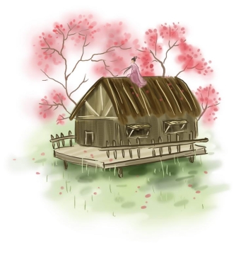 中国风彩色水墨画风格春天坐在草屋顶的少女樱花荷塘风景图片免抠素材