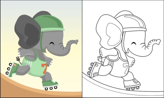 正在玩滑轮的卡通大象简笔画图片免抠素材
