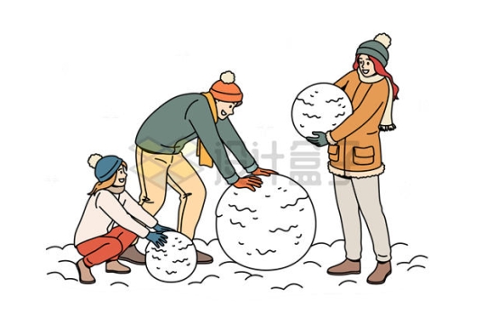 冬天里堆雪人的卡通年轻人7465997矢量图片免抠素材