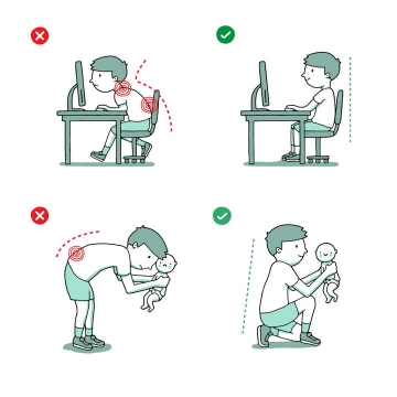彩色线条插画风格用电脑坐姿和抱小孩蹲姿对比图图片免抠素材