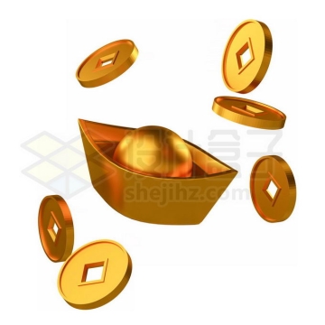 黄金打造的金元宝和中国古代金币9857236免抠图片素材免费下载