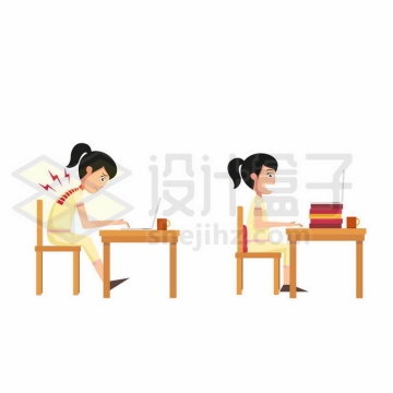 卡通上班族女孩错误和正确坐姿对脊椎的伤害对比6254509矢量图片免抠素材