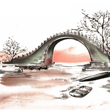 彩色水墨画风格中国传统建筑拱桥小河风景图png免抠图片