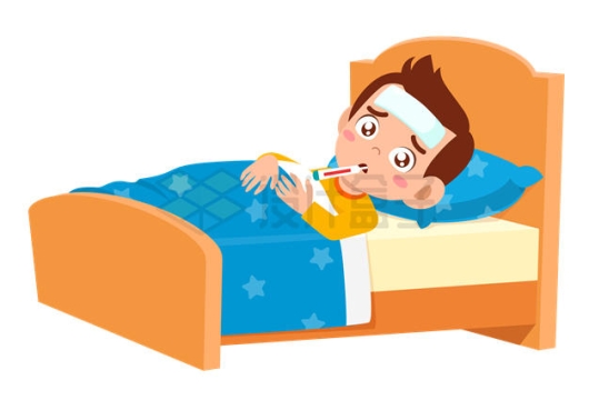 生病发热躺在床上的卡通小男孩正在休息9515960EPS矢量图片免抠素材