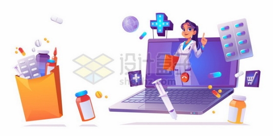 笔记本电脑上的卡通医生和各种医疗用品网上医生847622eps矢量图片素材
