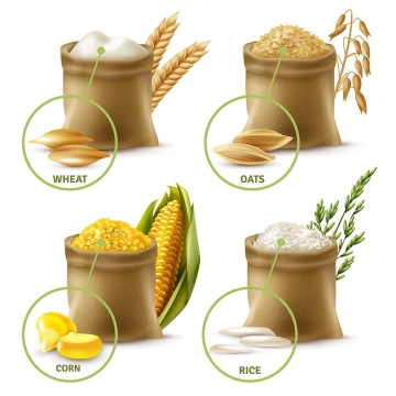 4种小麦面粉稻米玉米等粮食袋图片免抠素材