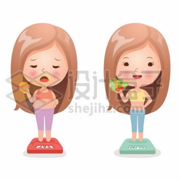 2个卡通女孩吃碳水化合物和减肥餐后称体重的不同1304141矢量图片免抠素材