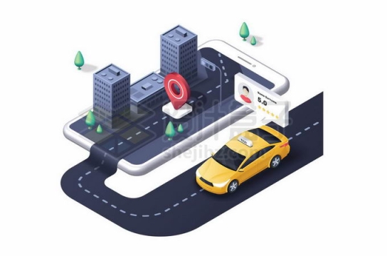3D手机上的出租车城市高楼大厦导航地图叫车APP服务2581242矢量图片免抠素材