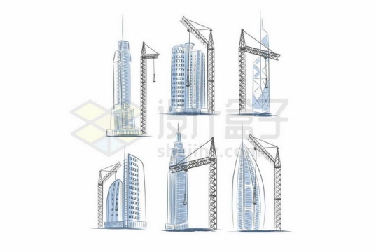 6款塔吊正在建设中的高楼大厦地标建筑素描插画8184011矢量图片免抠素材