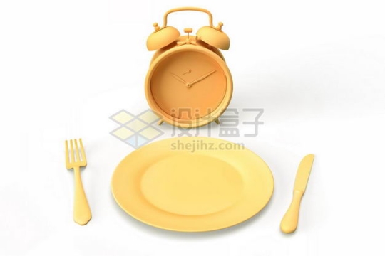 3D立体黄色闹钟和餐盘刀叉等西餐餐具模型2521897图片免抠素材