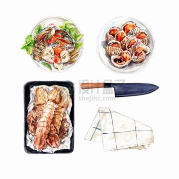 皮皮虾大闸蟹贻贝等美味海鲜美食水彩插画png图片素材