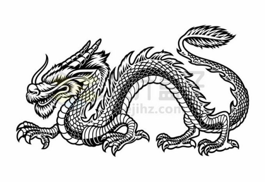 一条威严的中国龙巨龙神龙黑白色手绘插画2591503矢量图片免抠素材免费下载