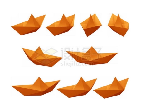 9个不同角度的橙色3D折纸船9390151图片免抠素材