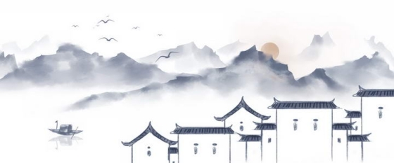 美丽的水墨画风格中国传统乡村徽式建筑png免抠图片