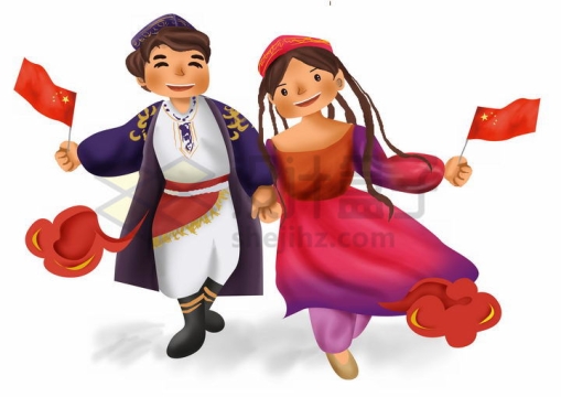 拿着国旗的卡通维吾尔族少女少年传统服饰少数民族png图片免抠素材