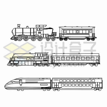 3款线条蒸汽火车头和列车高铁侧视图png图片免抠矢量素材