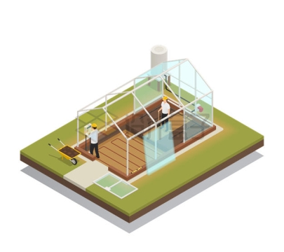 2.5D风格农民正在搭建玻璃温室大棚2085968矢量图片免抠素材