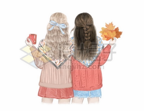 秋天里穿着毛线衣的两个女孩子闺蜜好朋友背影202423矢量图片免抠素材