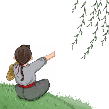 春天青草地上杨柳树下的卡通小孩插画4847631图片免抠素材