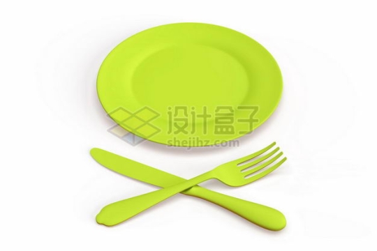 3D立体绿色盘子和餐刀叉子等西餐餐具模型9007360图片免抠素材