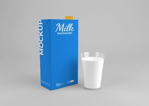 玻璃杯中的牛奶和蓝色包装的盒装牛奶包装显示样机7287140免抠图片素材